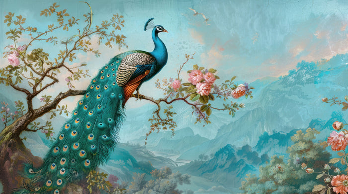 Peacock Blossom Branch Diamond Painting Kit – Celadon Vale | 90x50cm (36x20 inches) Full Drill, Round Drill