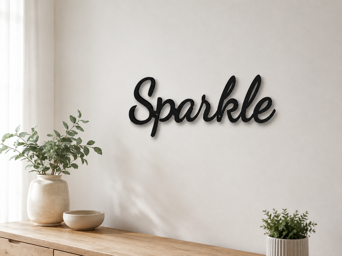 'Sparkle' cursive script wall sign, 3D printed in black PLA
