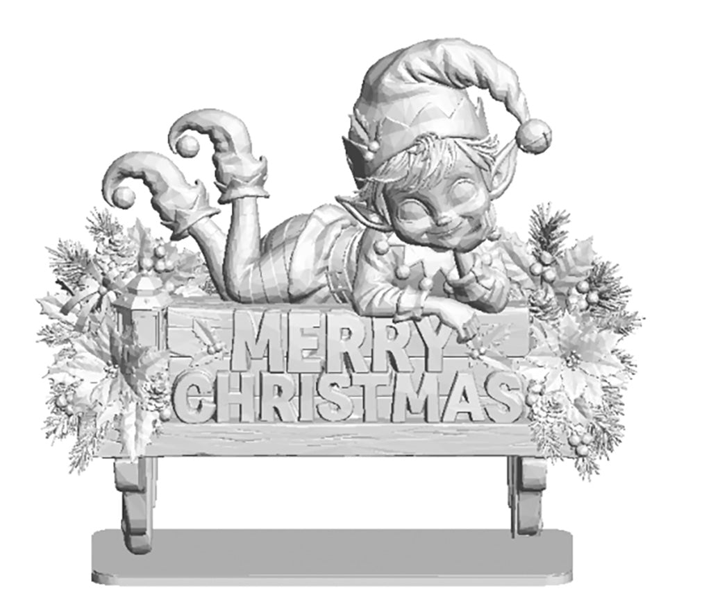 Unpainted 3D printed elf lying across a Merry Christmas sign trimmed with holly and pine, on a stand with a flat base