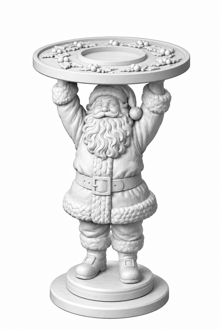 Unpainted 3D printed Santa votive holder in a belted coat, lifting a holly-trimmed plate with a ring for an LED votive