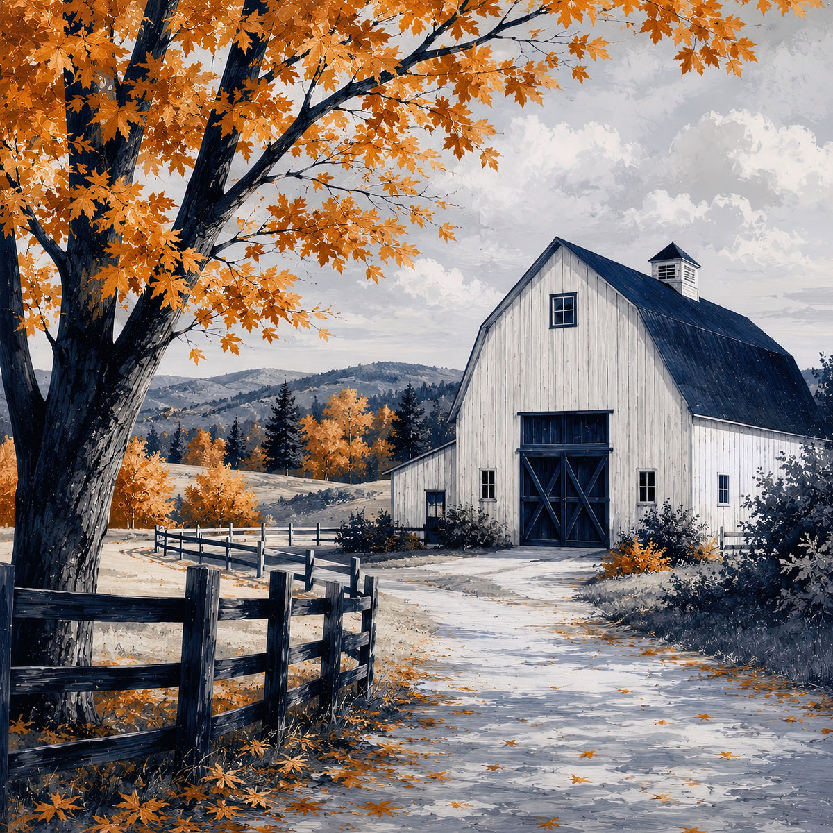 Autumn Maple Barn Diamond Painting Kit – Golden Acres | 45x45cm (18x18in) Full Drill, Round Drill