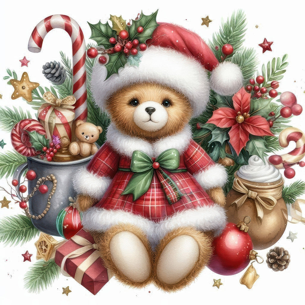 Christmas Teddy Bear Diamond Painting Kit – Cosy Christmas Cub | 45x45cm (18x18in) Full Drill, Round Drill