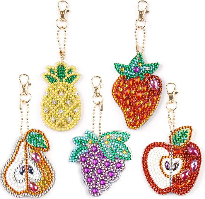 Fruit diamond painting keychain set — pineapple, strawberry, pear, grapes, apple