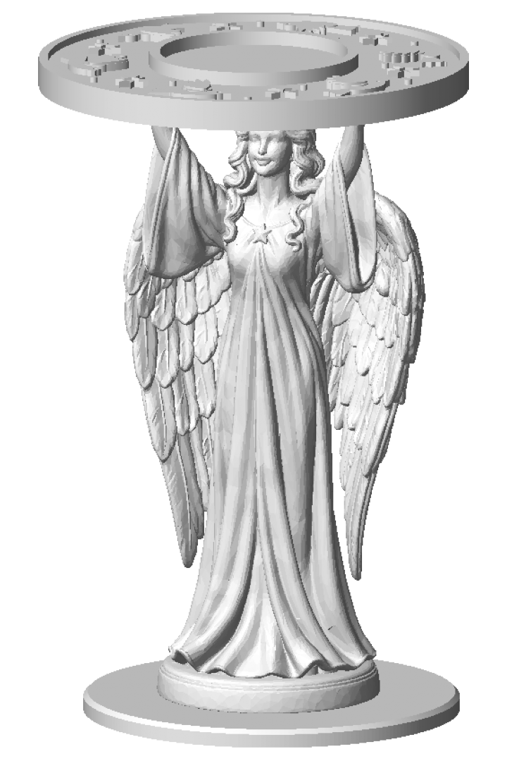Dove and Star Angel votive holder, unpainted 3D printed angel with long wavy hair, folded wings and a flowing gown raising a plate of doves and stars