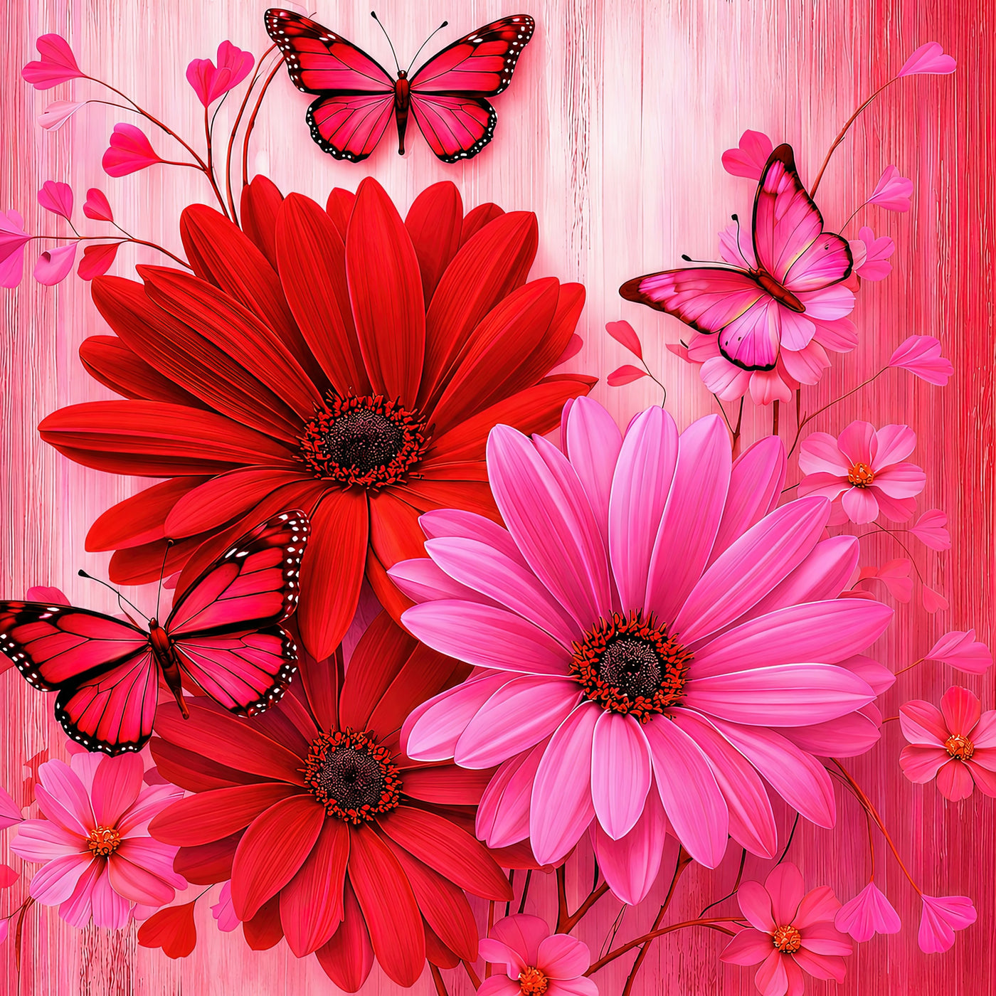 Crimson Blush Floral Diamond Painting Kit – Red Pink Butterfly Daisy | 45x45cm (18x18in) Full Drill, Round Drill