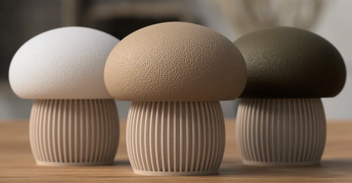 3D printed mushroom storage jars with screw-top caps and fluted stems in ivory, sand and olive