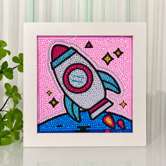 Pink Rocket Diamond Painting Kit for Kids | Framed 5D Gem Art Craft Kit