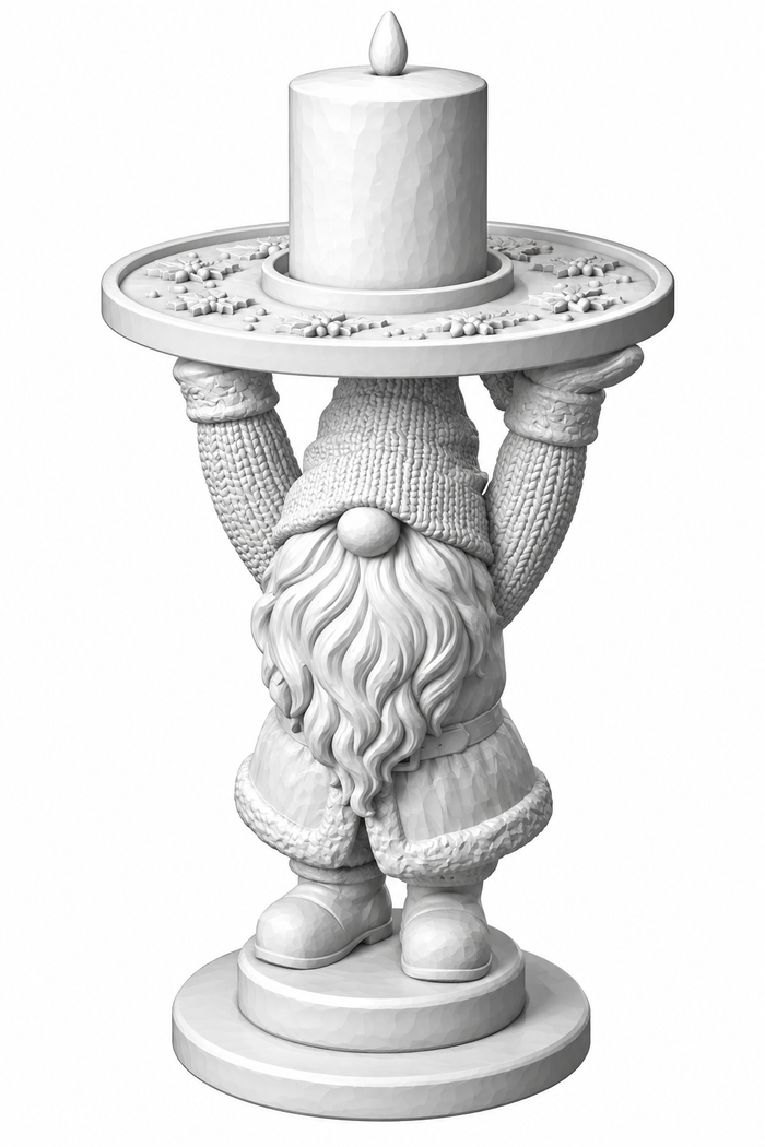 Snowflake Gnome votive holder, unpainted 3D printed bearded gnome in a knit hat raising a snowflake plate that holds an LED pillar candle