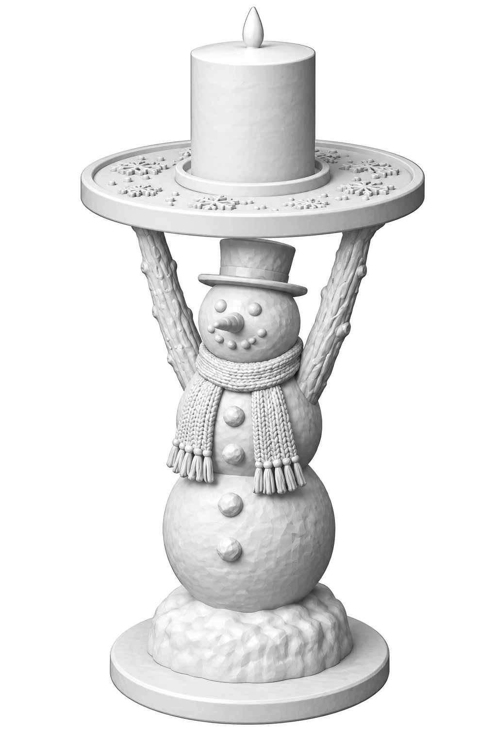Snowflake Snowman votive holder, unpainted 3D printed snowman in a top hat and knit scarf raising a snowflake plate with his twig arms, holding an LED pillar candle