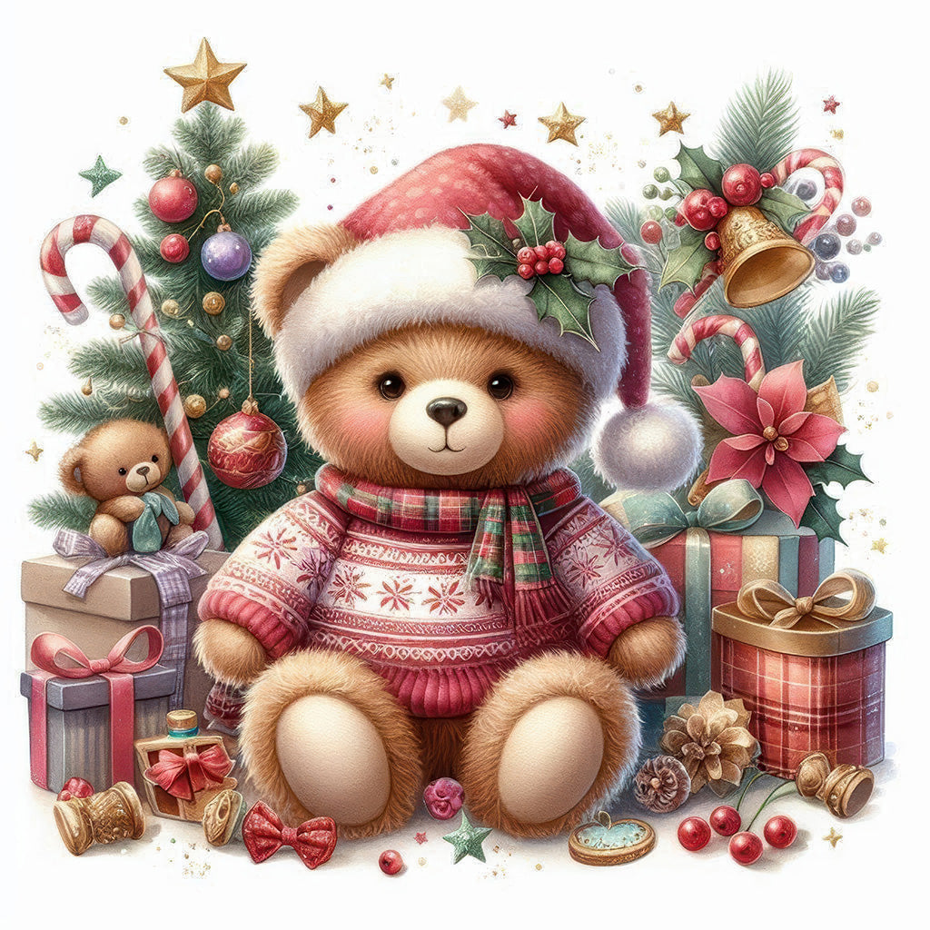 Christmas Teddy Bear Diamond Painting Kit – Waiting for Christmas Morning | 45x45cm (18x18in) Full Drill, Round Drill