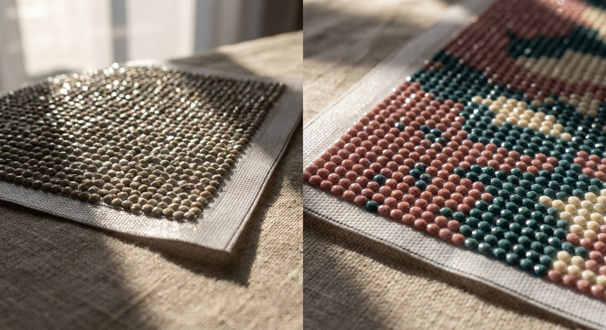 A close-up flat lay comparing two sections of a diamond painting canvas, one filled with dull mismatched drills and the other with brilliantly faceted, richly colored drills, illuminated by soft natural light on a linen surface.