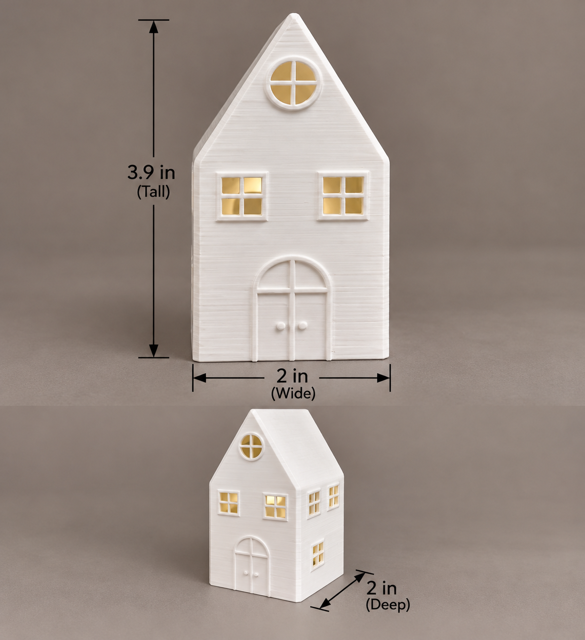 Small House winter village luminary measuring 3.9 in tall, 2 in wide and 2 in deep