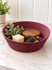 Wine Burgundy twisted rope catchall bowl holding car keys, a candle, wooden coasters and a sprig of greenery – image 3