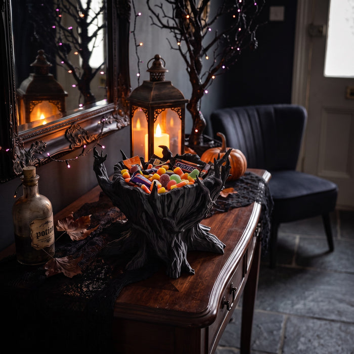 Gnarled tree candy bowl with twisted branches, 3D printed in matte charcoal, Halloween treat holder