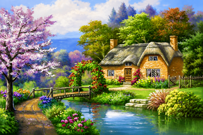 Thatched Cottage by the Pond diamond painting kit: finished 40x50cm full-coverage square drill canvas artwork