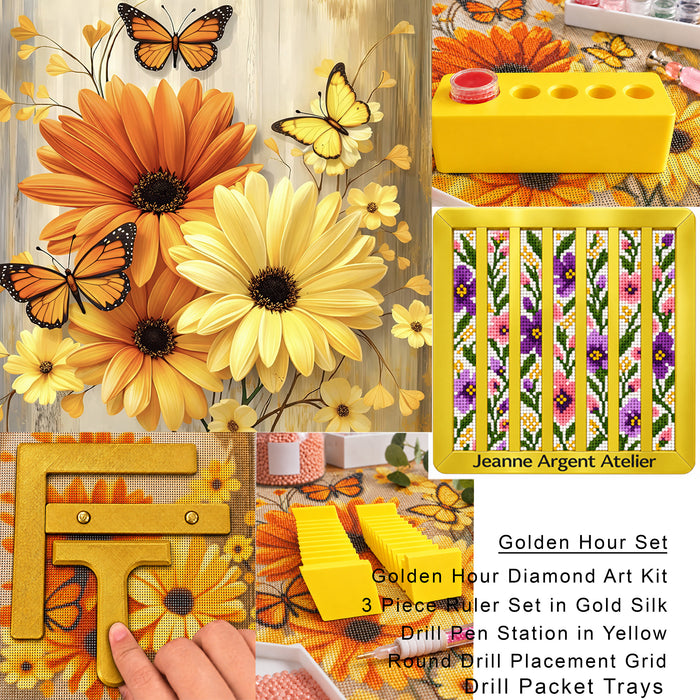 Golden Hour palette set: daisy and butterfly diamond painting kit with yellow pen station, gold ruler set and drill trays