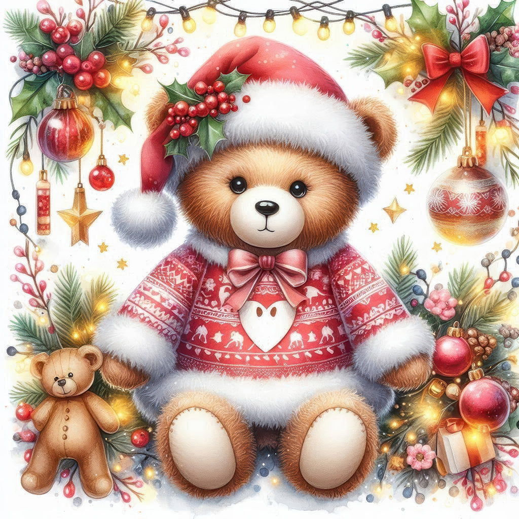 Christmas Teddy Bear Diamond Painting Kit – All Lit Up for Christmas | 45x45cm (18x18in) Full Drill, Round Drill