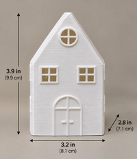 Small House winter village luminary in matte white with a round rose window and arched double doors, shown with size labels – image 2