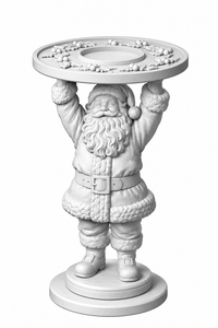 Unpainted 3D printed Santa votive holder in a belted coat, lifting a holly-trimmed plate with a ring for an LED votive – image 1