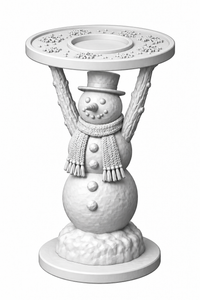 Unpainted 3D printed snowman votive holder in a top hat and knit scarf, lifting a snowflake plate on his twig arms – image 1