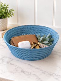 Muted Blue twisted rope catchall bowl on a marble counter, holding a wallet, an earbuds case and keys – image 2
