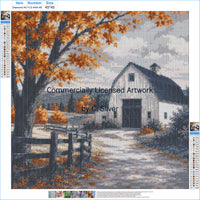Autumn Maple Barn diamond painting kit pattern canvas: printed symbol grid with DMC color legend, before drills are applied – image 2