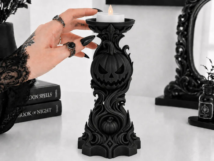 Samhain Pumpkin Tealight Holder — 3D Printed Gothic Halloween Candle Holder in Matte Black, Fits LED Tealights