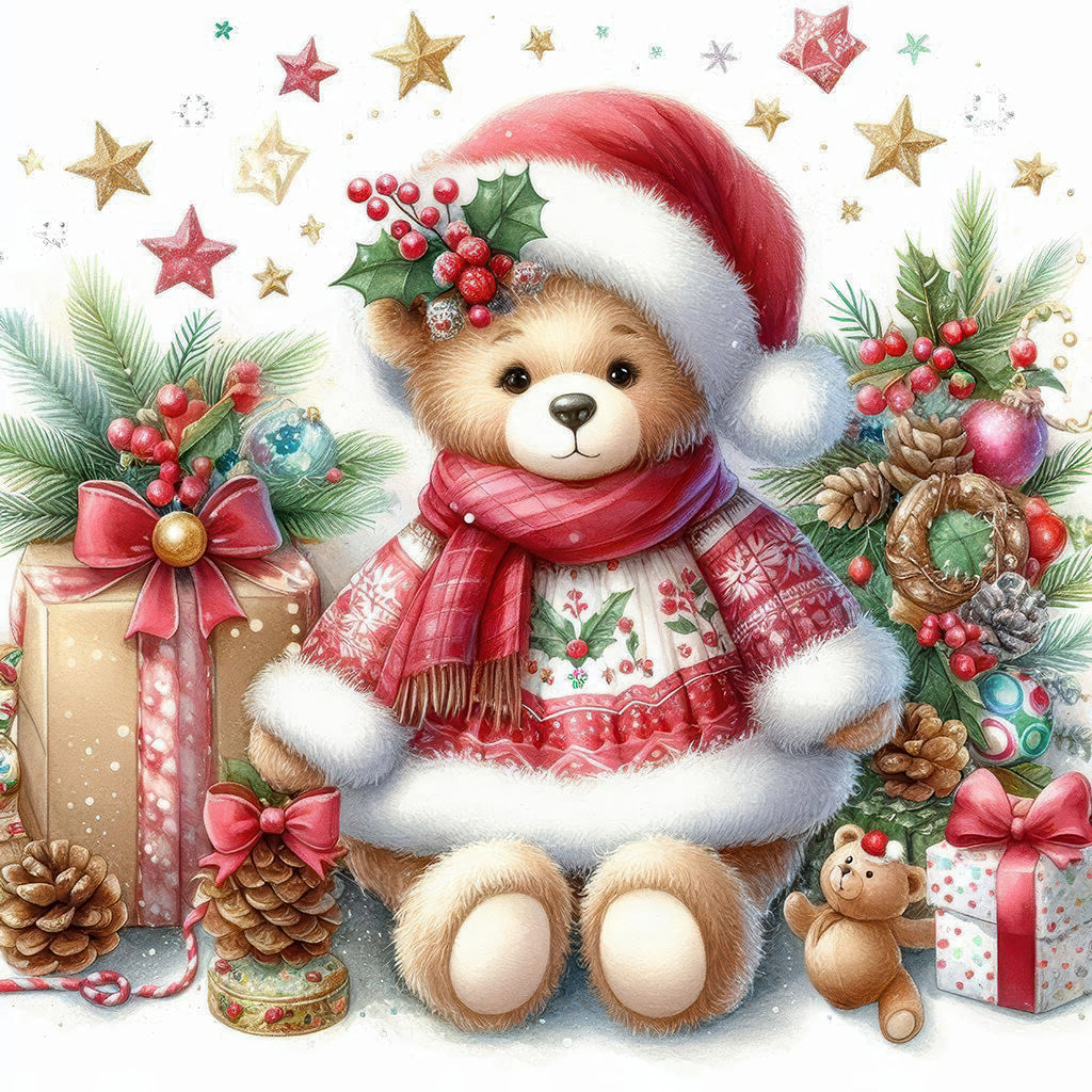 Christmas Teddy Bear Diamond Painting Kit – A Beary Merry Christmas | 45x45cm (18x18in) Full Drill, Round Drill