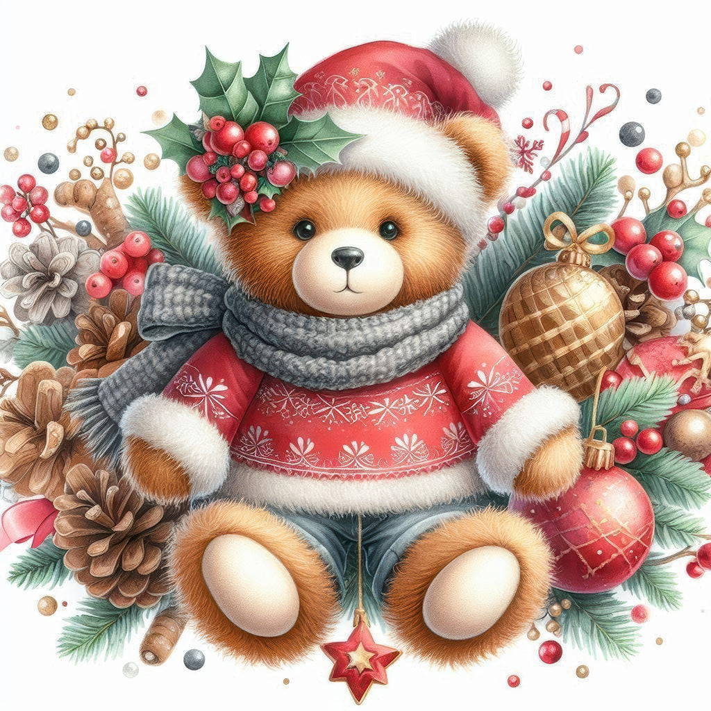 Christmas Teddy Bear Diamond Painting Kit – Bundled Up for Christmas | 45x45cm (18x18in) Full Drill, Round Drill