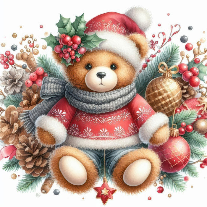 Christmas Teddy Bear Diamond Painting Kit – Bundled Up for Christmas | 45x45cm (18x18in) Full Drill, Round Drill