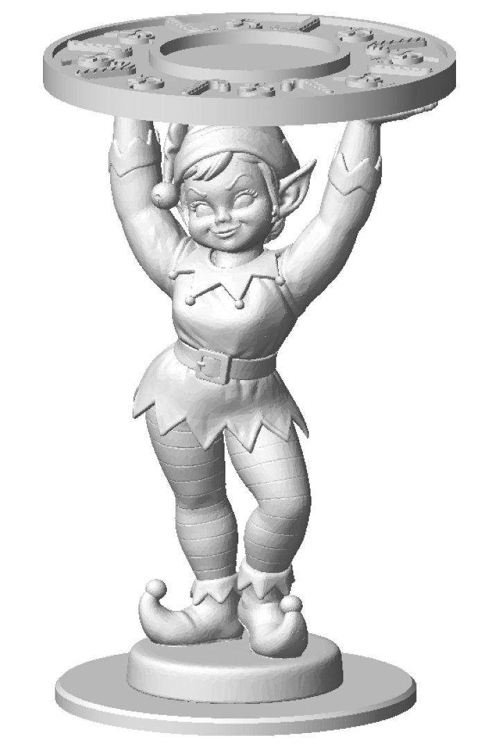 Candy Cane Elf votive holder, unpainted 3D printed elf with pointed ears, curly-toed shoes and a jingle-bell hat raising a candy cane and peppermint plate