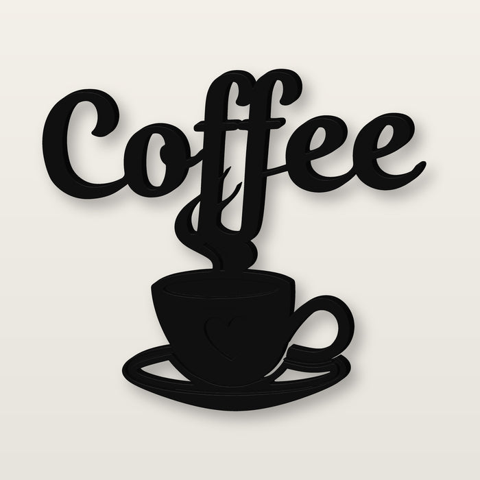 A black laser-cut wall sign spelling 'Coffee' in a cursive font, with a coffee cup and saucer silhouette beneath and steam rising, shown on a light beige background.