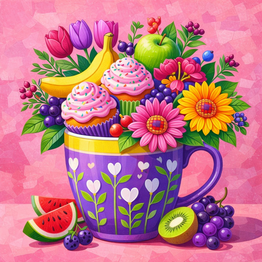 Cupcake Bouquet diamond painting kit: purple heart mug overflowing with cupcakes, fruit and flowers, finished 40x40cm round drill canvas