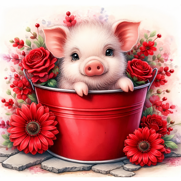 Rosy Piglet Diamond Painting Kit – A Bucket of Sweetness | 45x45cm (18x18in) Full Drill, Round Drill