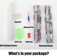 What's included in a Jeanne Argent diamond painting kit: rolled canvas, drill pen, drill tray, wax, tweezers, 10 zip bags and sealed drill strips – image 2