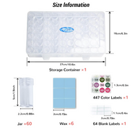 Size and contents chart: 27x16cm storage box, 60 jars, 6 wax pieces, 447 color labels and 64 blank labels – image 5