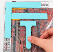 Light blue three-piece diamond painting tool set: right-angle ruler, straight ruler and T drill straightener on a canvas – image 9