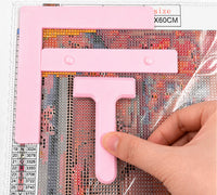 Pink three-piece diamond painting tool set: right-angle ruler, straight ruler and T drill straightener on a canvas – image 8