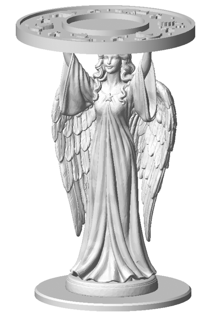 Dove and Star Angel votive holder, unpainted 3D printed angel with long wavy hair, folded wings and a flowing gown raising a plate of doves and stars