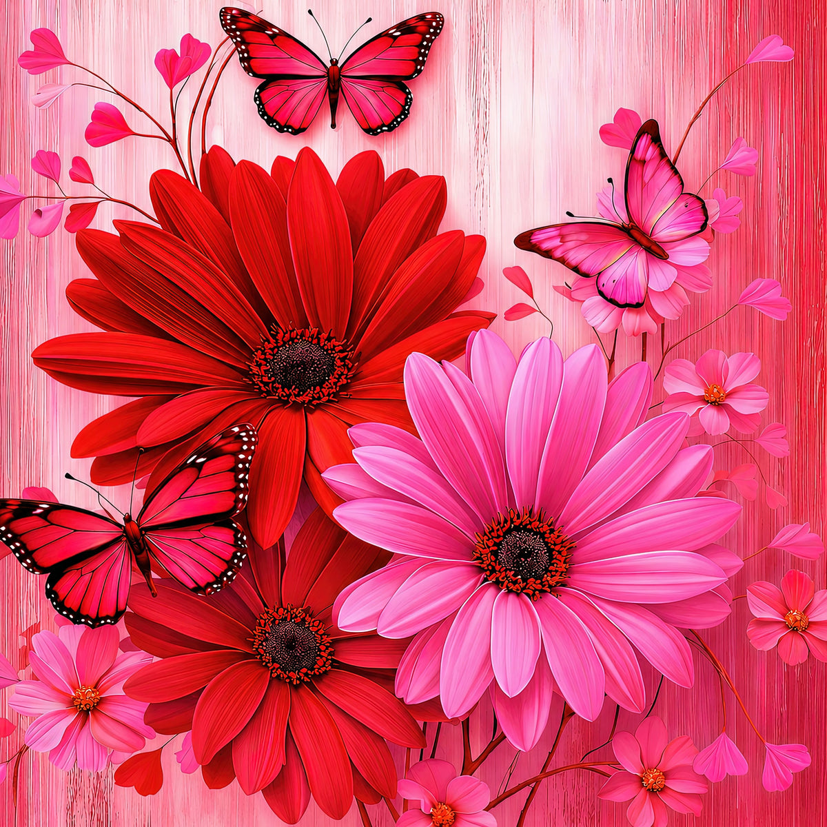 Crimson Blush Floral Diamond Painting Kit – Red Pink Butterfly Daisy | 45x45cm (18x18in) Full Drill, Round Drill