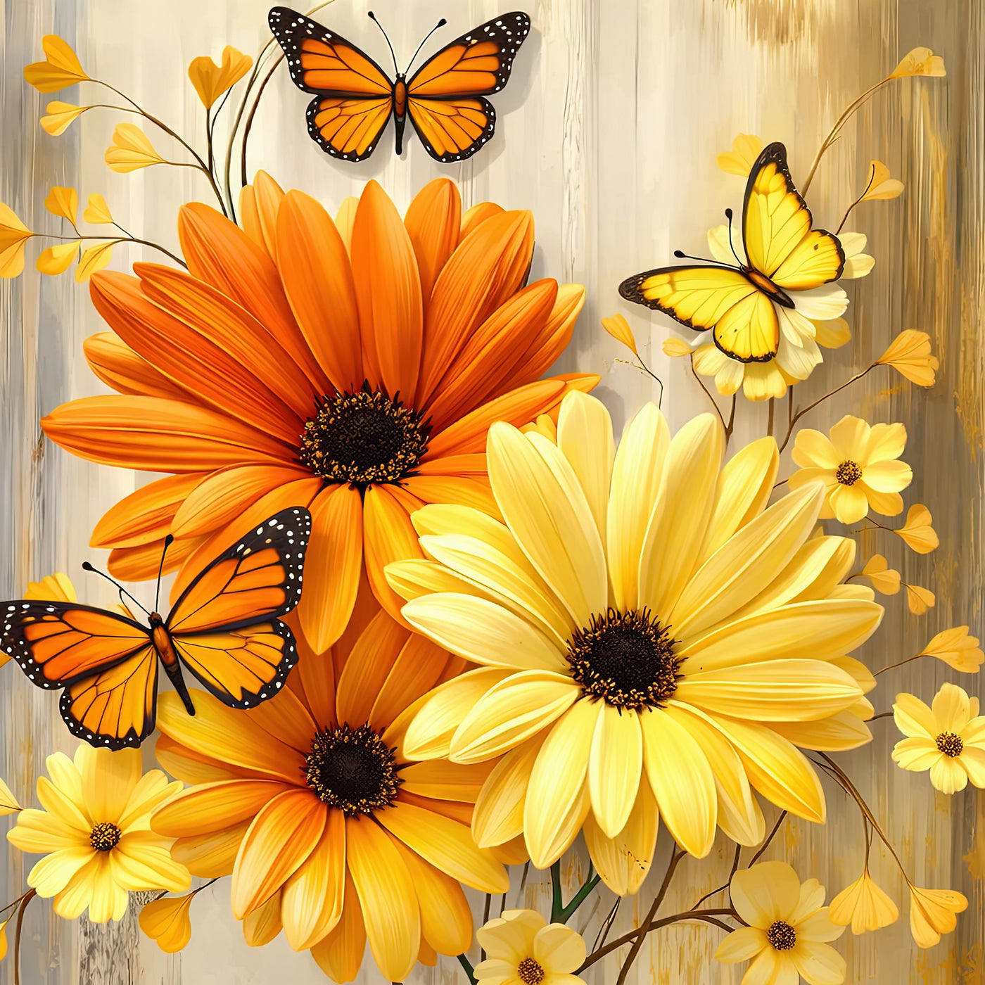 Golden Hour Floral Diamond Painting Kit – Sunny Butterfly Daisy | 45x45cm (18x18in) Full Drill, Round Drill