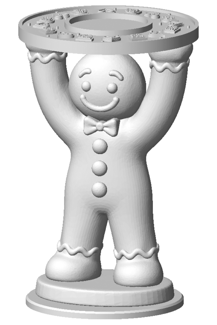 Gumdrop Gingerbread votive holder, unpainted 3D printed gingerbread figure with an icing smile, bow tie and gumdrop buttons raising a plate of gumdrops and heart cookies