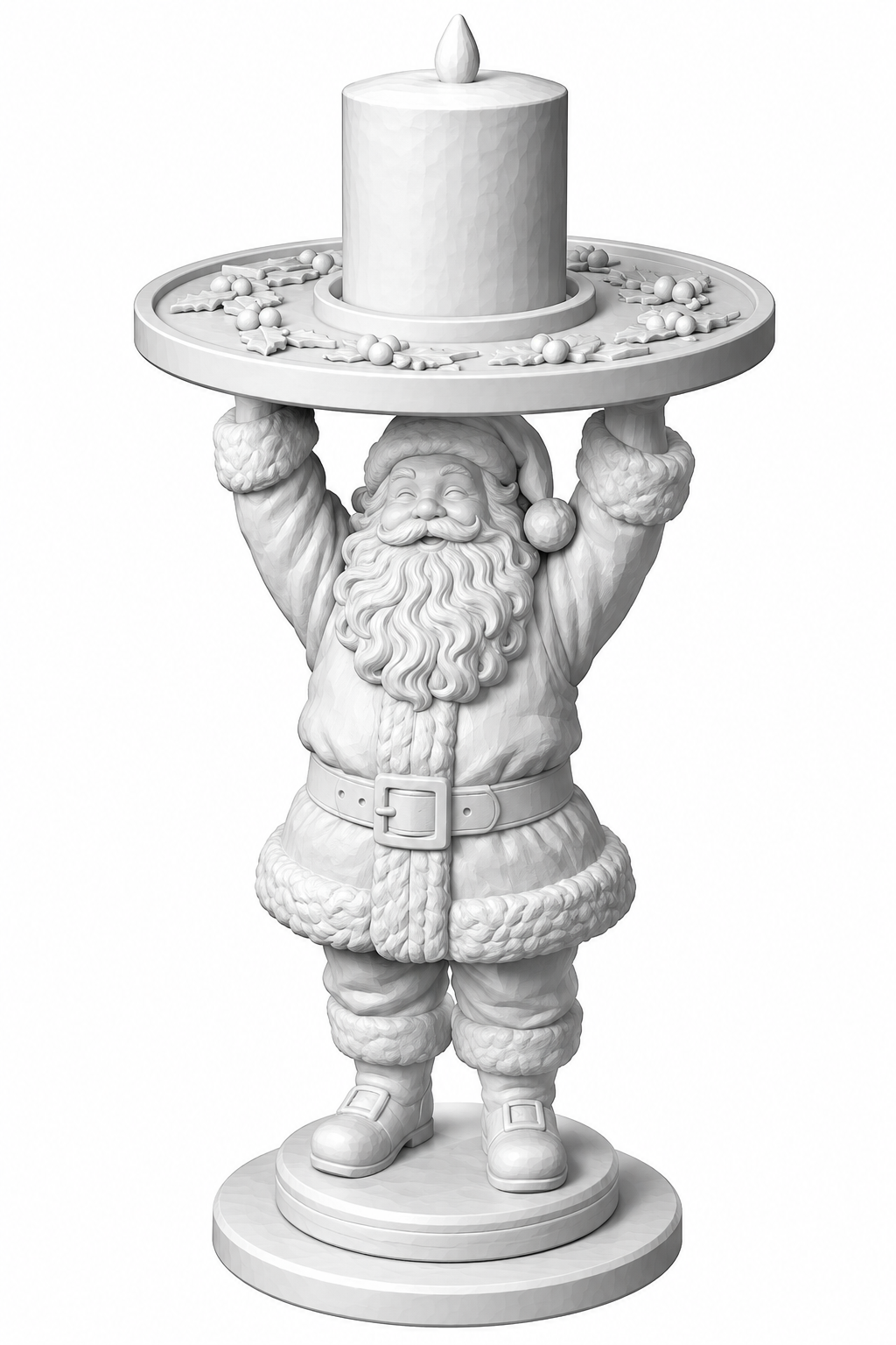 Holly Santa votive holder, unpainted 3D printed Santa with a curly beard and belted coat raising a holly plate that holds an LED pillar candle
