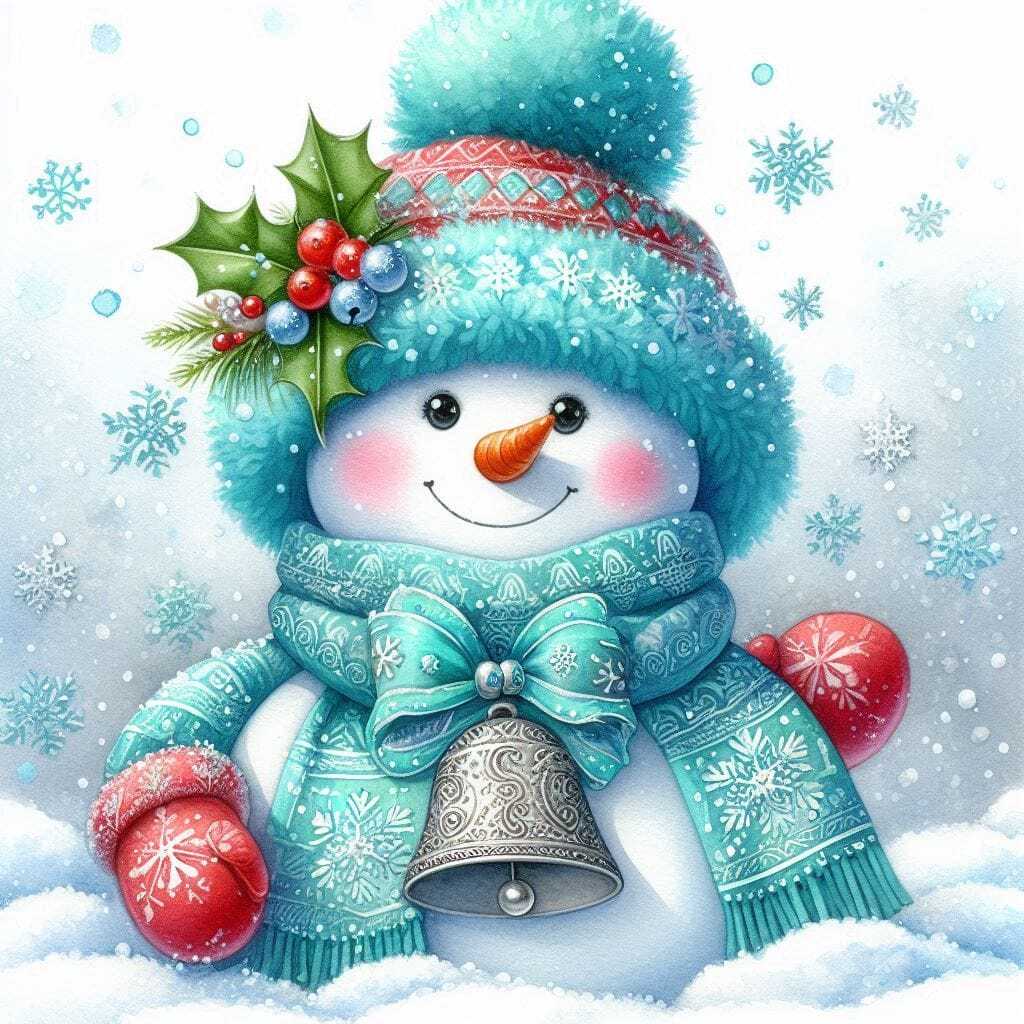 Jolly Snowman with Silver Bell — Full Drill Diamond Painting Kit (45×60cm)