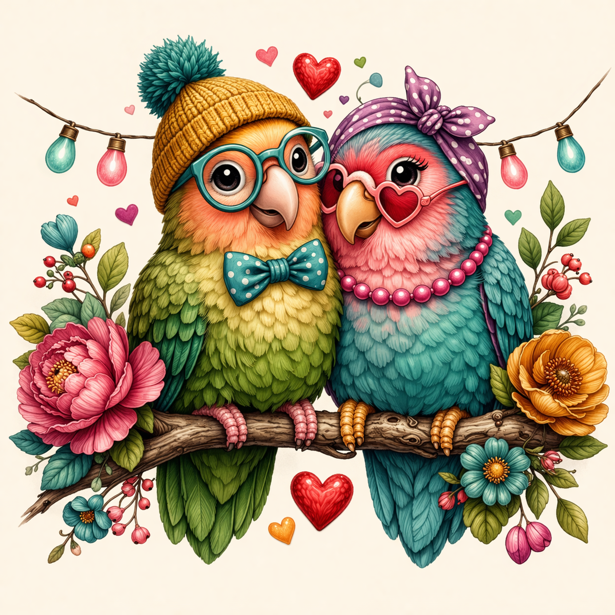 Lovebirds diamond painting kit: two lovebirds in glasses and a knit hat on a flowering branch with hearts, finished 40x40cm round drill canvas