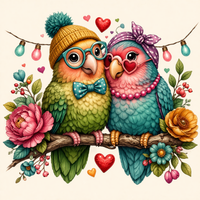 Lovebirds diamond painting kit: two lovebirds in glasses and a knit hat on a flowering branch with hearts, finished 40x40cm round drill canvas – image 1
