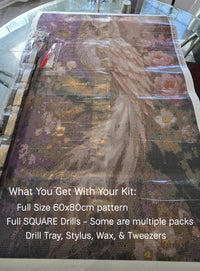 Owl diamond painting pattern unrolled on a table; kit includes full-size 60x80cm pattern, square drills, drill tray, stylus, wax and tweezers – image 3