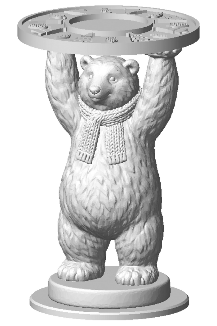 Pine Forest Polar Bear votive holder, unpainted 3D printed polar bear in a knit scarf standing on its hind legs and raising a pine tree plate
