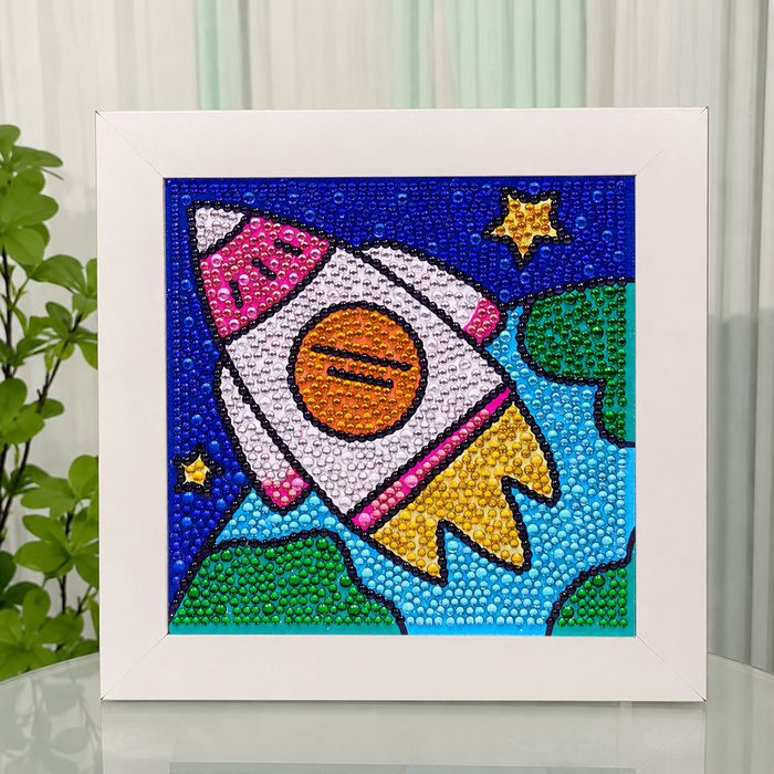 Rocket Ship Diamond Painting Kit for Kids | Framed 5D Gem Art Craft Kit