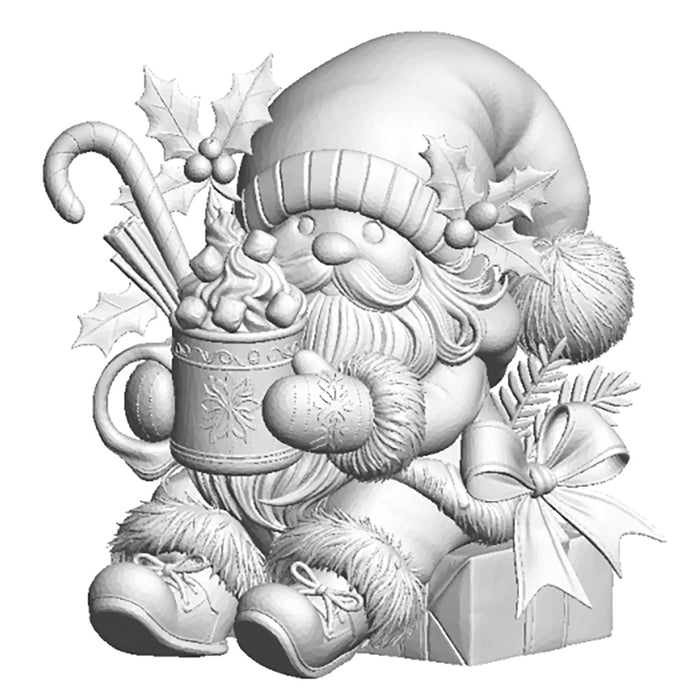 Unpainted 3D printed Santa gnome figure holding a mug of cocoa with a candy cane, seated beside a wrapped present